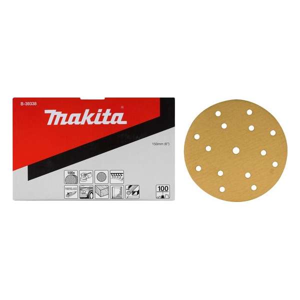 Makita B-39338 Schuurschijf 150mm K100 Yellow Velcro Makita B-39338 Schuurschijf 150mm K100 Yellow Velcro