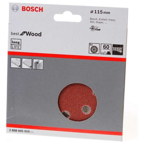 Bosch Schuurschijf wood and paint diameter 115mm K60 blister van 5 schijven Bosch Schuurschijf wood and paint diameter 115mm K60 blister van 5 schijven
