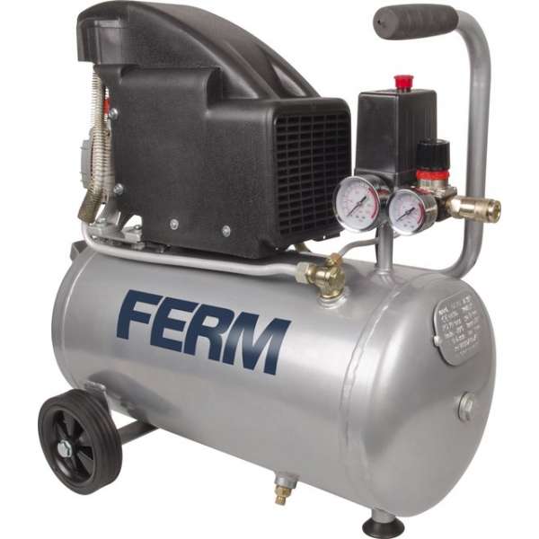 FERM Compressor 1100W – 24 liter tankinhoud – 8 bar – 1.5pk – Incl. universele ¼” snelkoppeling en 2 manometers FERM Compressor 1100W – 24 liter tankinhoud – 8 bar – 1.5pk – Incl. universele ¼” snelkoppeling en 2 manometers