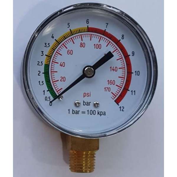 Manometer bandenpomp 63 mm 12 bar 1/4" onderaansluiting Manometer bandenpomp 63 mm 12 bar 1/4" onderaansluiting