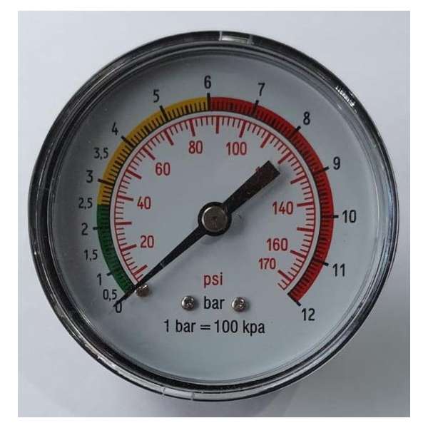 Manometer bandenpomp 63 mm 12 bar 1/4" achteraansluiting Manometer bandenpomp 63 mm 12 bar 1/4" achteraansluiting