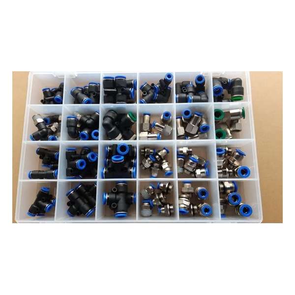 Push in koppelingen assortiment rechte - knie - t-stuk - puntstuk voor 6 en 8 en 10 mm slang 110 delig CDC Push in koppelingen assortiment rechte - knie - t-stuk - puntstuk voor 6 en 8 en 10 mm slang 110 delig CDC