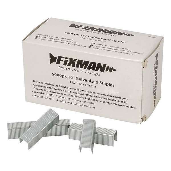 Fixman 10J Gegalvaniseerde Nietjes, 5.000 stuks 11,2 x 12 x 1,16 mm. Fixman 10J Gegalvaniseerde Nietjes, 5.000 stuks 11,2 x 12 x 1,16 mm.
