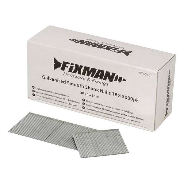 Fixman Gegalvaniseerde 18 Gauge - Tacker Spijkers - Gladde Schacht - 38 x 1,25 mm. - 5000 stuks Fixman Gegalvaniseerde 18 Gauge - Tacker Spijkers - Gladde Schacht - 38 x 1,25 mm. - 5000 stuks