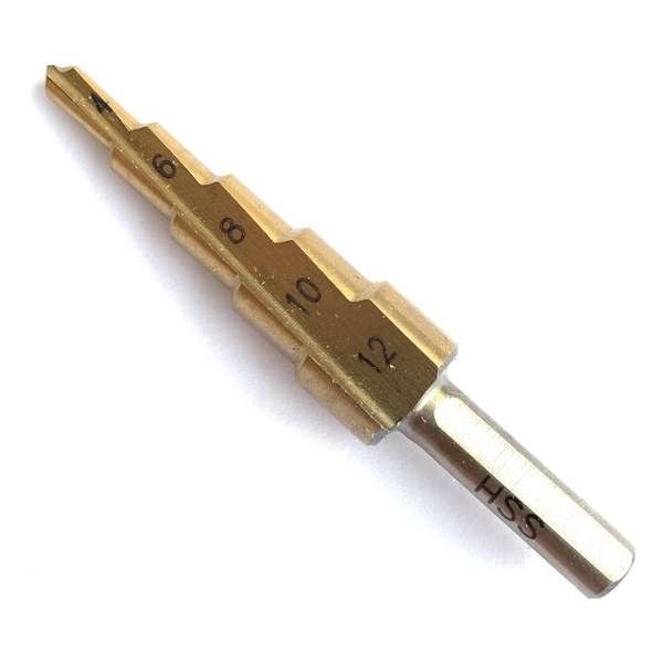 Stappenboor 4-12 mm –HSS stappenboor – Kegelboor – Trapgatboor - Conische plaatfrezen met titanium coating Stappenboor 4-12 mm –HSS stappenboor – Kegelboor – Trapgatboor - Conische plaatfrezen met titanium coating