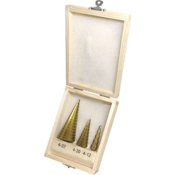 HSS Trappenboor Stappenboor plaatfrezen bit boorset stappen boor kegelboor set 3 delig 4-32 MM titanium in houten kistje HSS Trappenboor Stappenboor plaatfrezen bit boorset stappen boor kegelboor set 3 delig 4-32 MM titanium in houten kistje