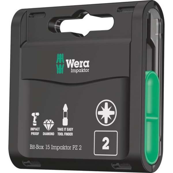 Wera 05057763001 Bit-Box 15 Impaktor PZ 15-delige Bitset - Pozidriv - PZ2 Wera 05057763001 Bit-Box 15 Impaktor PZ 15-delige Bitset - Pozidriv - PZ2
