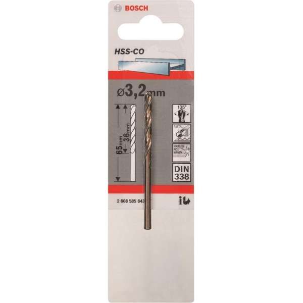 Bosch - Metaalboren HSS-Co, Standard 3,2 x 36 x 65 mm Bosch - Metaalboren HSS-Co, Standard 3,2 x 36 x 65 mm