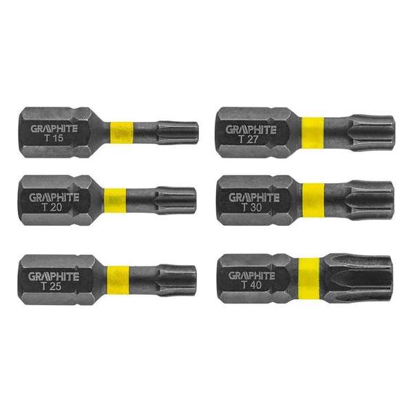 GRAPHITE Bit IMPACT TX x 25 mm, S2 Staal Full Fit Kop, 6 verschillende GRAPHITE Bit IMPACT TX x 25 mm, S2 Staal Full Fit Kop, 6 verschillende