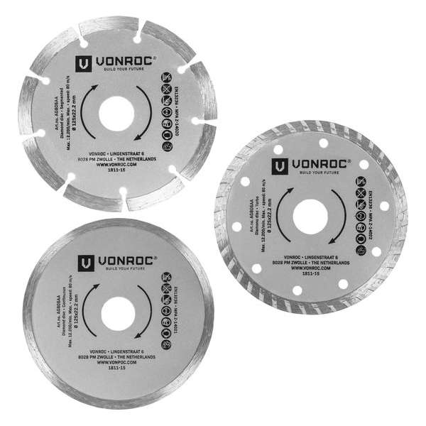 VONROC Diamantschijven set – Ø125MM – universeel – 3 stuks – Segment, Turbo & Volrand