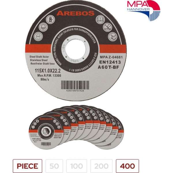 AREBOS 400 x Slijpschijven Flexschijven Inox roestvrij staal metaal Metall Ø 115 mm x 1 mm AREBOS 400 x Slijpschijven Flexschijven Inox roestvrij staal metaal Metall Ø 115 mm x 1 mm