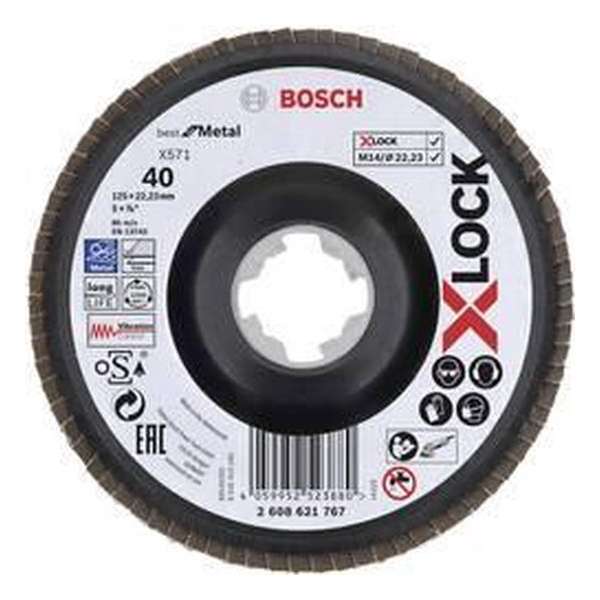 Bosch Accessories 2608621767 X-LOCK lamellenslijpschijf, metaal, haakse uitv., G 60, X571, 125 mm, K40 Diameter 125 mm 1 stuk(s) Bosch Accessories 2608621767 X-LOCK lamellenslijpschijf, metaal, haakse uitv., G 60, X571, 125 mm, K40 Diameter 125 mm 1 stuk(s)