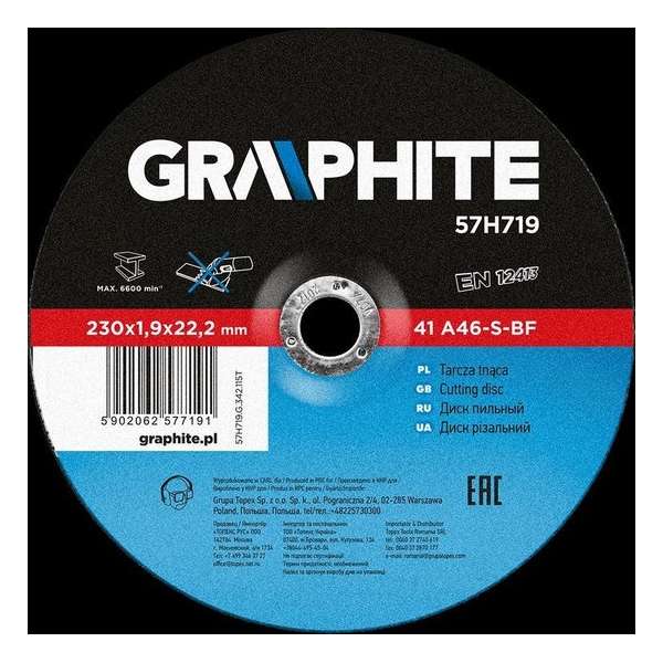 GRAPHITE doorslijpschijf 230x22x1,9mm metaal 41 a60-t-bf GRAPHITE doorslijpschijf 230x22x1,9mm metaal 41 a60-t-bf