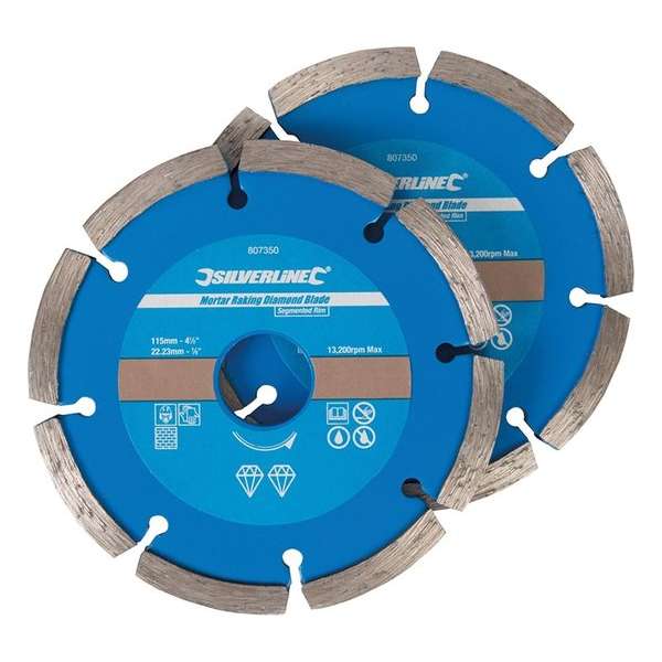 Silverline Diamant Snijschijf - Doorslijpschijf - Gesegmenteerd - 115 mm. - Asgat 22,23 mm. - 2 stuks Silverline Diamant Snijschijf - Doorslijpschijf - Gesegmenteerd - 115 mm. - Asgat 22,23 mm. - 2 stuks