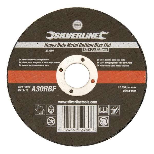 Silverline Metaal Snijschijf - Doorslijpschijf - Plat - Heavy Duty - 125 x 3 x 22,23 mm. Silverline Metaal Snijschijf - Doorslijpschijf - Plat - Heavy Duty - 125 x 3 x 22,23 mm.