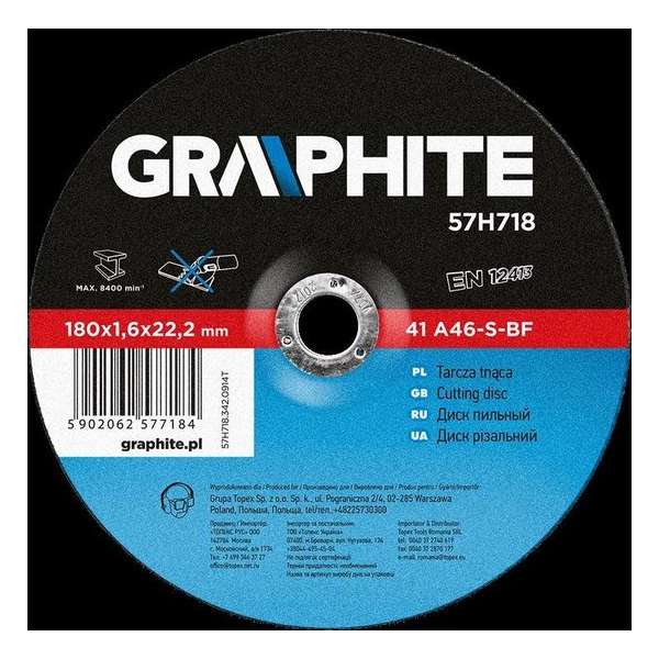 GRAPHITE doorslijpschijf 180x22x1,6mm metaal 41 a60-t-bf GRAPHITE doorslijpschijf 180x22x1,6mm metaal 41 a60-t-bf