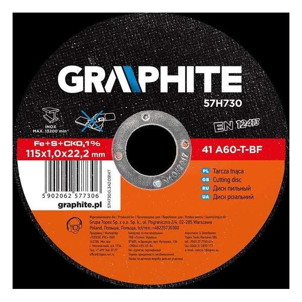 GRAPHITE doorslijpschijf 115x22x0,8mm metaal industrie inox, 41 a60-t-bf GRAPHITE doorslijpschijf 115x22x0,8mm metaal industrie inox, 41 a60-t-bf