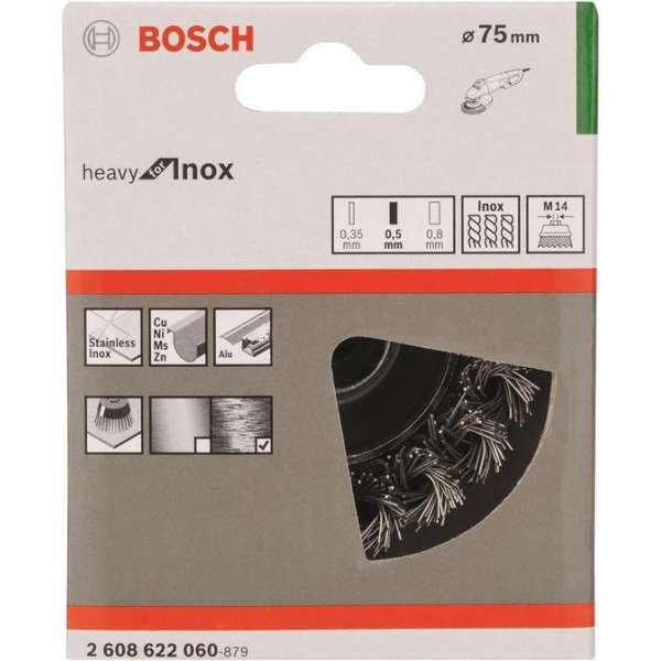 Bosch - Komstaalborstel, roestvrij 75 mm, 0,5 mm, 12500 U/ min, 14 Bosch - Komstaalborstel, roestvrij 75 mm, 0,5 mm, 12500 U/ min, 14