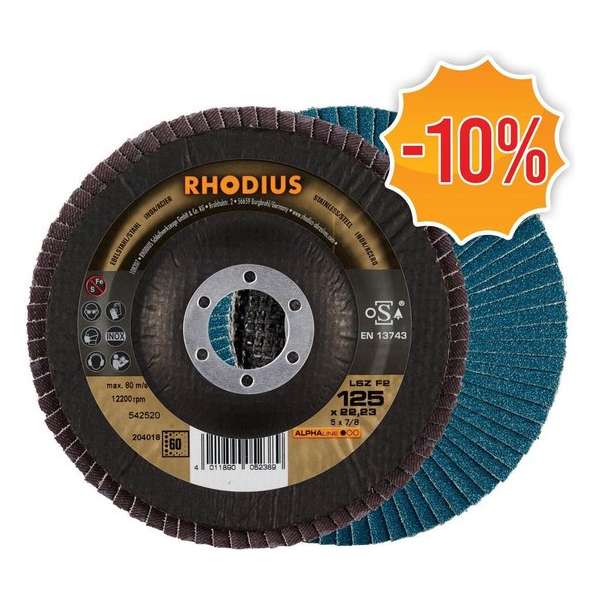 Rhodius ALPHAline I LSZ F2 Lamellenslijpschijf - K60 - 125 x 22,23mm - Ferro (10st) Rhodius ALPHAline I LSZ F2 Lamellenslijpschijf - K60 - 125 x 22,23mm - Ferro (10st)