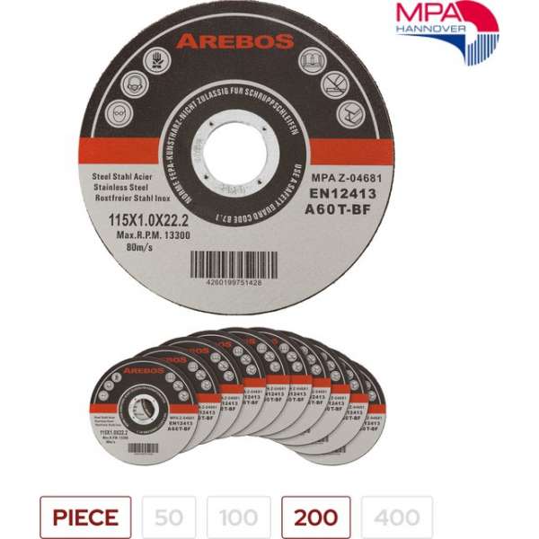 AREBOS 200 x Slijpschijven Flexschijven Inox roestvrij staal metaal Metall Ø 115 mm x 1 mm AREBOS 200 x Slijpschijven Flexschijven Inox roestvrij staal metaal Metall Ø 115 mm x 1 mm