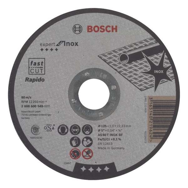 Bosch - Doorslijpschijf recht Expert for Inox - Rapido AS 60 T INOX BF, 125 mm, 22,23 mm, 1,0 mm Bosch - Doorslijpschijf recht Expert for Inox - Rapido AS 60 T INOX BF, 125 mm, 22,23 mm, 1,0 mm