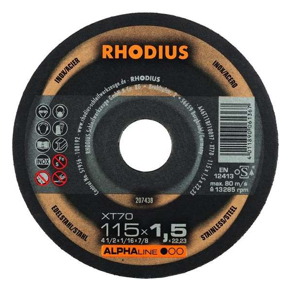 Rhodius 207436 Alphaline I XT70 Doorslijpschijf - Extra dun - 115 x 22,23 x 1mm - RVS/Staal Rhodius 207436 Alphaline I XT70 Doorslijpschijf - Extra dun - 115 x 22,23 x 1mm - RVS/Staal