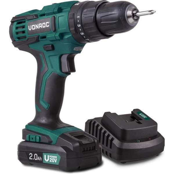 VONROC Accu klopboormachine set – VPower 20V – Incl. 2.0Ah accu, oplader, 2 bits & opbergtas VONROC Accu klopboormachine set – VPower 20V – Incl. 2.0Ah accu, oplader, 2 bits & opbergtas