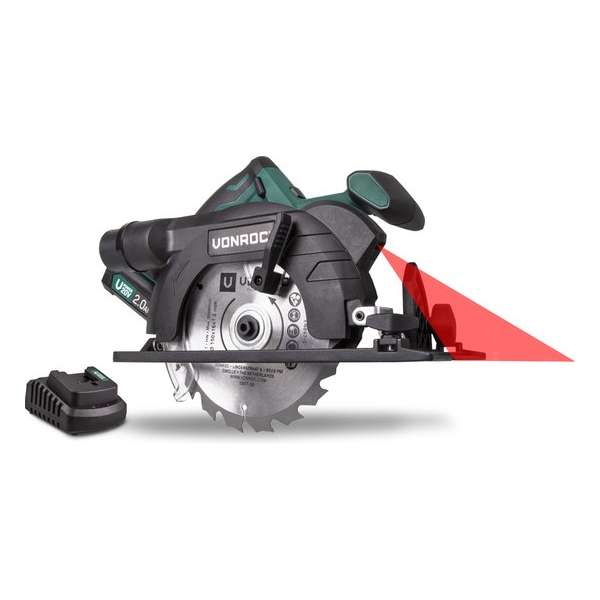 VONROC Accu Cirkelzaag – VPower 20V – Incl. 1x 2.0Ah accu, lader, parallelgeleider & Ø150MM zaagblad VONROC Accu Cirkelzaag – VPower 20V – Incl. 1x 2.0Ah accu, lader, parallelgeleider & Ø150MM zaagblad