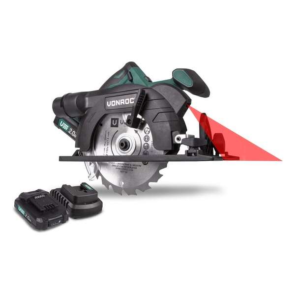 VONROC Accu Cirkelzaag – VPower 20V – Incl. 2x 2.0Ah accu, lader, parallelgeleider & Ø150MM zaagblad