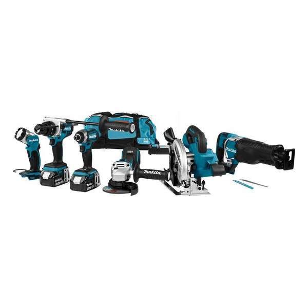 Makita DLX6088T 18 V Combiset voor (klop)boren, (slag)schroeven, zagen en slijpen met lamp Makita DLX6088T 18 V Combiset voor (klop)boren, (slag)schroeven, zagen en slijpen met lamp