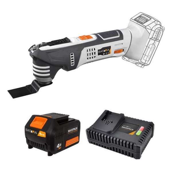 BATAVIA Accu Oscillerende Multitool – 5.000 tot 15.000 RPM – 18V – Maxxpack Accuplatform – Incl. 4.0Ah Accu en Snellader BATAVIA Accu Oscillerende Multitool – 5.000 tot 15.000 RPM – 18V – Maxxpack Accuplatform – Incl. 4.0Ah Accu en Snellader