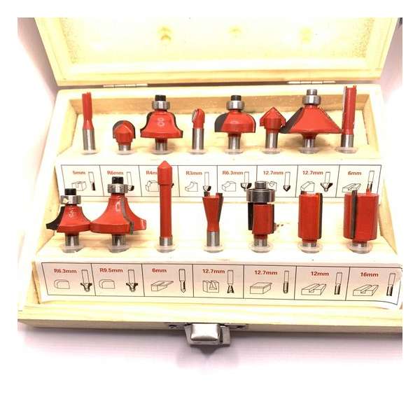 Bovenfrezenset 15 delig - Frezenset 15-delig - Frezenset voor bovenfrees - Schachtdiameter 6mm in hout koffer Bovenfrezenset 15 delig - Frezenset 15-delig - Frezenset voor bovenfrees - Schachtdiameter 6mm in hout koffer