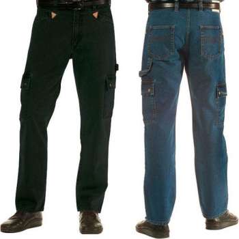 Jeans werkbroek met lederen driehoeken blauw, maat 28 (kort)