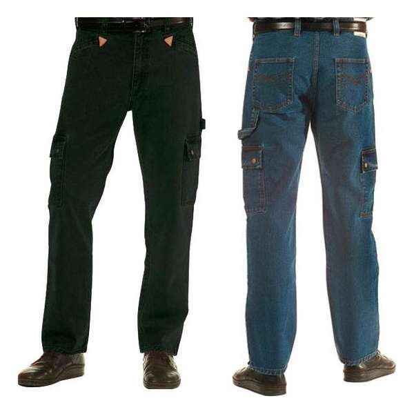 Jeans werkbroek met lederen driehoeken blauw, maat 27 (kort) Jeans werkbroek met lederen driehoeken blauw, maat 27 (kort)