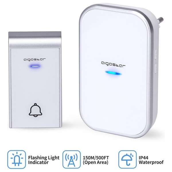 Aigostar Draadloze Deurbel 2HQFA - Met 1 ontvanger - Plug&Play - AC - 3 Regelbaar volume - 36 Melodie - Waterdicht - Wit Aigostar Draadloze Deurbel 2HQFA - Met 1 ontvanger - Plug&Play - AC - 3 Regelbaar volume - 36 Melodie - Waterdicht - Wit