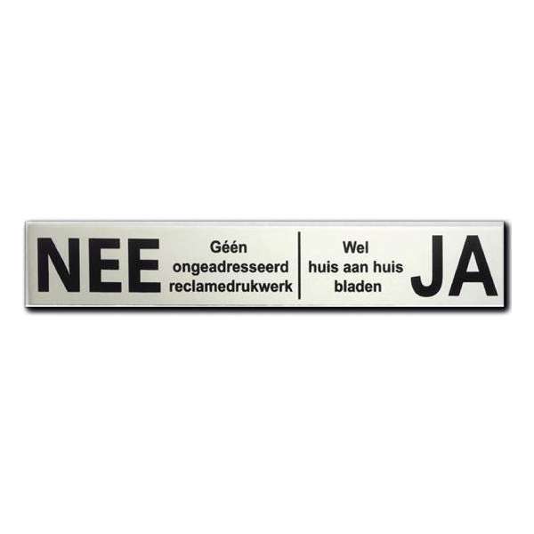 NEE JA sticker brievenbus Aluminium Zwart - Klein Formaat - LET OP 100 mm x 18 mm x 0,5 mm - Promessa-Design. NEE JA sticker brievenbus Aluminium Zwart - Klein Formaat - LET OP 100 mm x 18 mm x 0,5 mm - Promessa-Design.