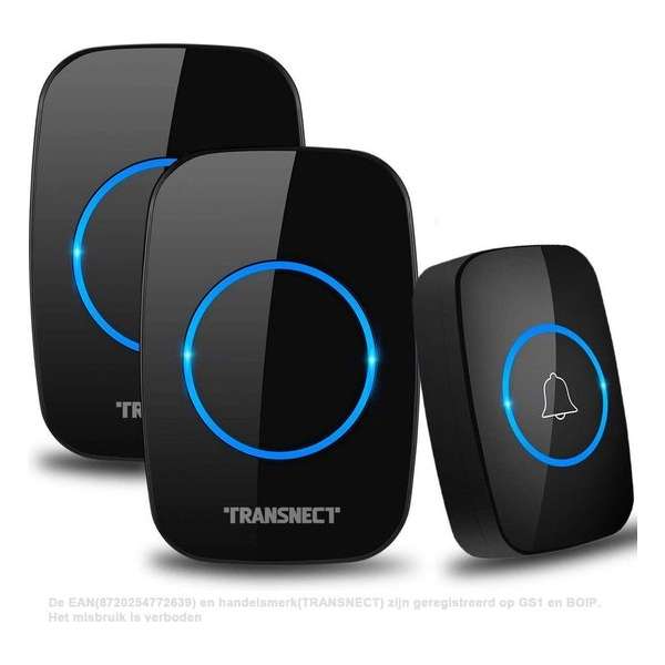 TRANSNECT Draadloze Deurbel met 2 Ontvangers - 60 Melodieën - 5 Volume - IP44 Waterdicht – met Batterij voor 2 Jaar TRANSNECT Draadloze Deurbel met 2 Ontvangers - 60 Melodieën - 5 Volume - IP44 Waterdicht – met Batterij voor 2 Jaar