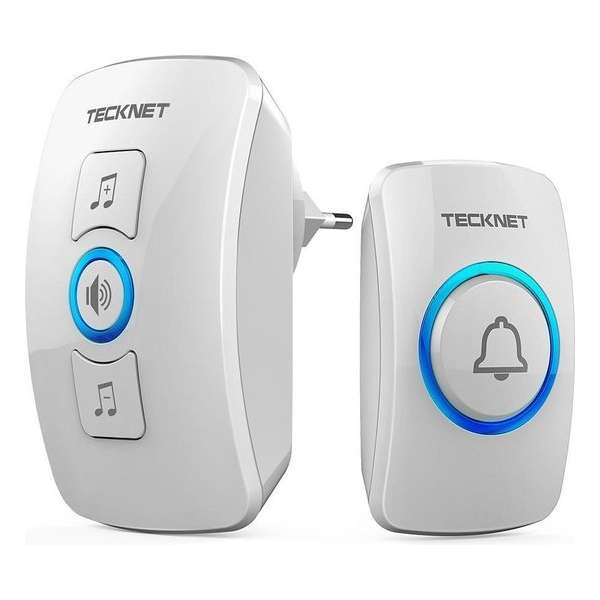 TeckNet Draadloze Deurbel met 1 Ontvanger - Plug&Play - Regelbaar Volume / Melodie / Oplichtende LED's - Wit TeckNet Draadloze Deurbel met 1 Ontvanger - Plug&Play - Regelbaar Volume / Melodie / Oplichtende LED's - Wit