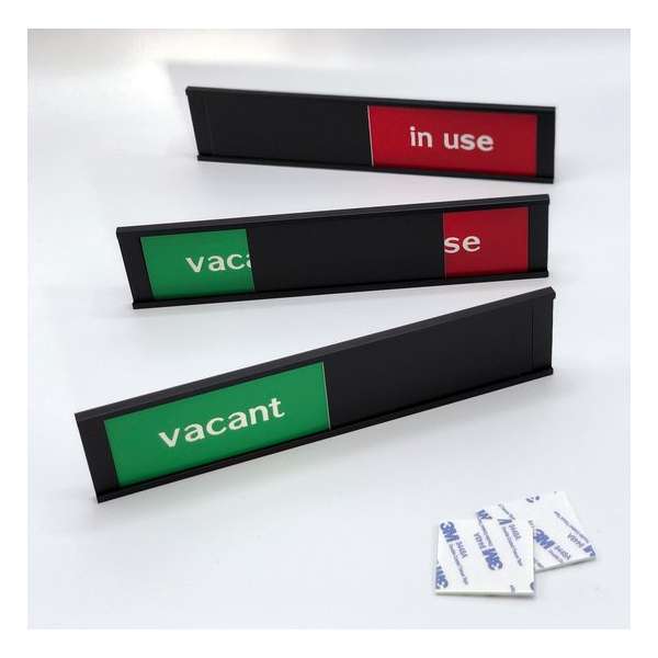 Schuifbordje Vacant - In use - 255 mm x 57 mm Bevestiging twee 3M dubbelzijdige stickers - Promessa-Design. Schuifbordje Vacant - In use - 255 mm x 57 mm Bevestiging twee 3M dubbelzijdige stickers - Promessa-Design.