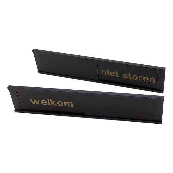 Schuifbordje Welkom - Niet Storen Black Gold - 255 mm x 57 mm - Bevestiging twee 3M dubbelzijdige stickers - Promessa-Design. Schuifbordje Welkom - Niet Storen Black Gold - 255 mm x 57 mm - Bevestiging twee 3M dubbelzijdige stickers - Promessa-Design.