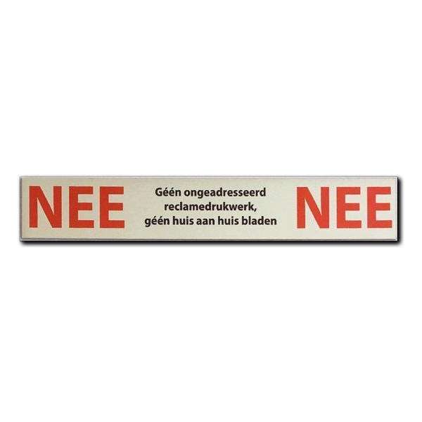 NEE NEE Sticker Brievenbus - Brievenbus sticker nee nee rood aluminium bordje - 150 mm x 25 mm x 0,5 mm - Promessa-Design. NEE NEE Sticker Brievenbus - Brievenbus sticker nee nee rood aluminium bordje - 150 mm x 25 mm x 0,5 mm - Promessa-Design.