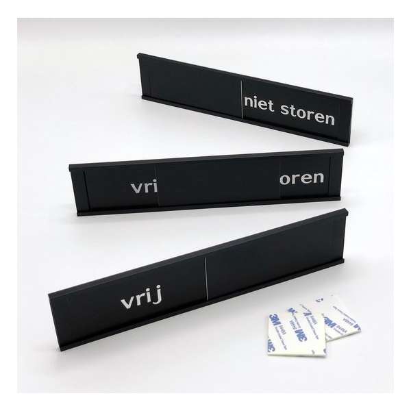 Schuifbordje Vrij - Niet storen - 255 mm x 57 mm - Bevestiging twee 3M dubbelzijdige stickers - Promessa-Design. Schuifbordje Vrij - Niet storen - 255 mm x 57 mm - Bevestiging twee 3M dubbelzijdige stickers - Promessa-Design.