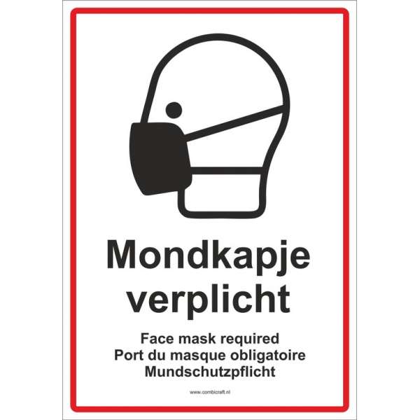 Bordje Mondkapje verplicht 4 talen - 1 stuks Bordje Mondkapje verplicht 4 talen - 1 stuks