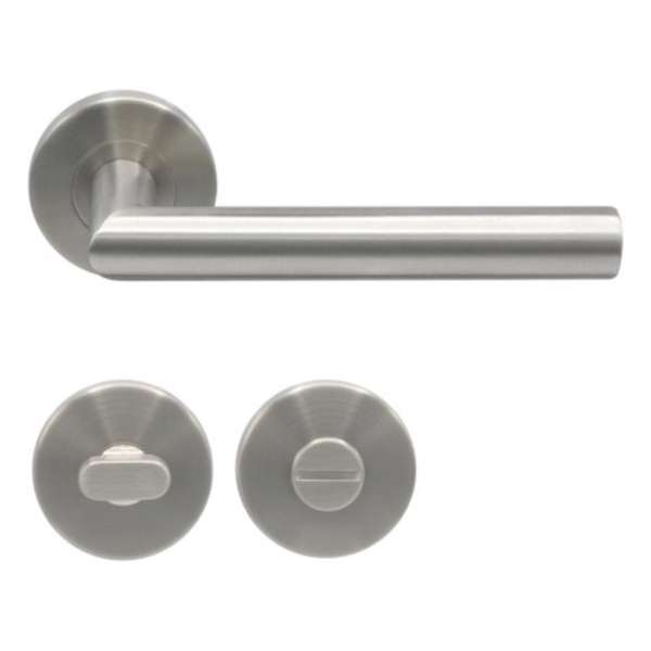 Slotman Solutions Deurklink RVS inclusief rond stalen rozet met toilet-/badkamersluiting - Deurkruk Slotman Solutions Deurklink RVS inclusief rond stalen rozet met toilet-/badkamersluiting - Deurkruk
