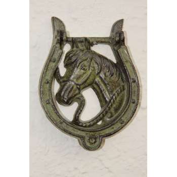 Gietijzeren deurklopper paardenhoofd met hoefijzer - 12.5 cm breed x 17 cm hoog