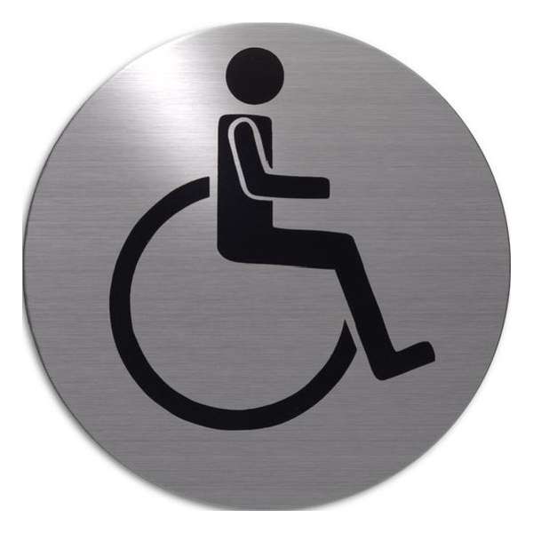 RVS deurbordje pictogram: invaliden Toilet | 5 jaar garantie | ROND | Zelfklevend | Plakstrip bordje wc RVS deurbordje pictogram: invaliden Toilet | 5 jaar garantie | ROND | Zelfklevend | Plakstrip bordje wc