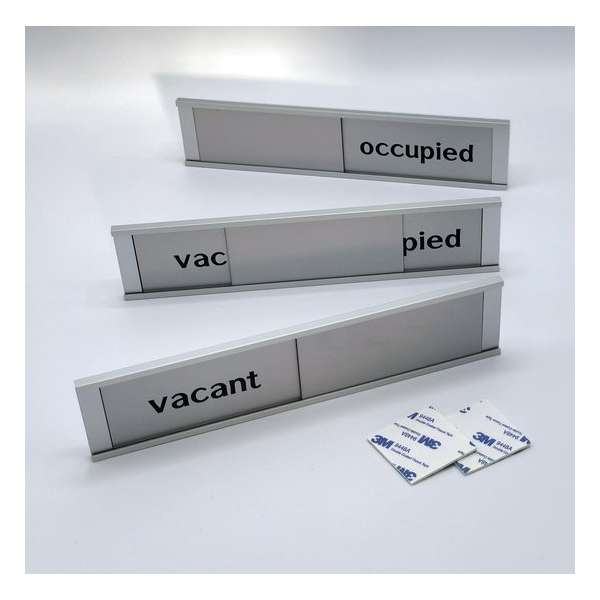 Schuifbordje Vacant - Occupied - 255 mm x 57 mm - Bevestiging twee 3M dubbelzijdige stickers - Promessa-Design. Schuifbordje Vacant - Occupied - 255 mm x 57 mm - Bevestiging twee 3M dubbelzijdige stickers - Promessa-Design.