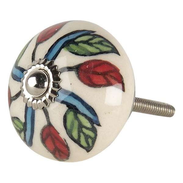 Clayre & Eef Deurknop 4*6 cm Wit, Rood Keramiek Rond Blaadjes Meubelknop Clayre & Eef Deurknop 4*6 cm Wit, Rood Keramiek Rond Blaadjes Meubelknop