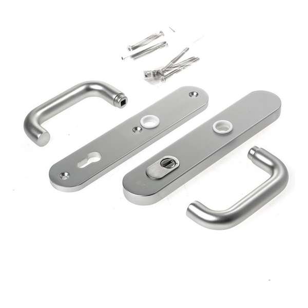 Veiligheidsgarnituur, D4E, alum., afgerond, kruk/kruk, met kerntrekbeveiliging, PC92, deurdikte 40-54mm Veiligheidsgarnituur, D4E, alum., afgerond, kruk/kruk, met kerntrekbeveiliging, PC92, deurdikte 40-54mm