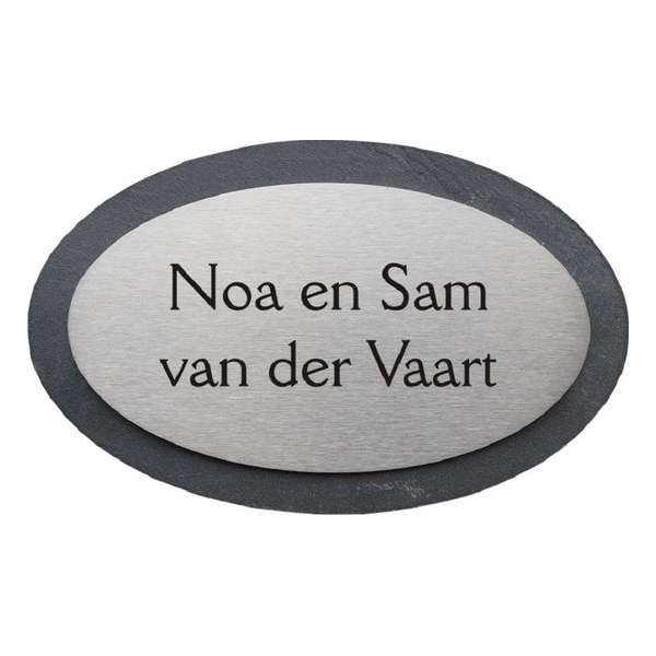 Naambordje voordeur leisteen met rvs ovaal 18x11cm Naambordje voordeur leisteen met rvs ovaal 18x11cm